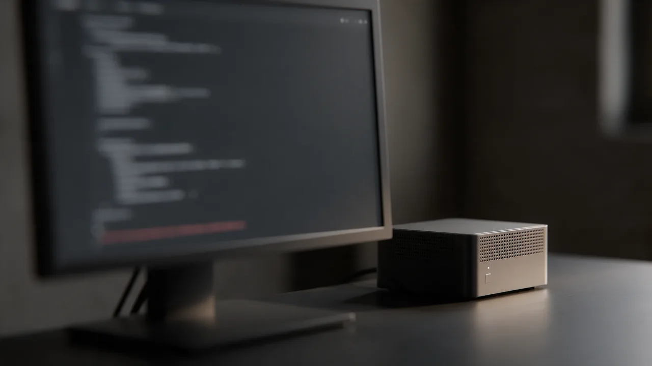 Monitor with blurred terminal output ending in a red error line, small server box beside it