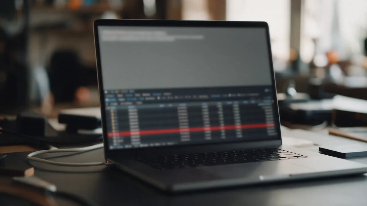 Laptop with a grey browser error page and network panel, one request row marked red