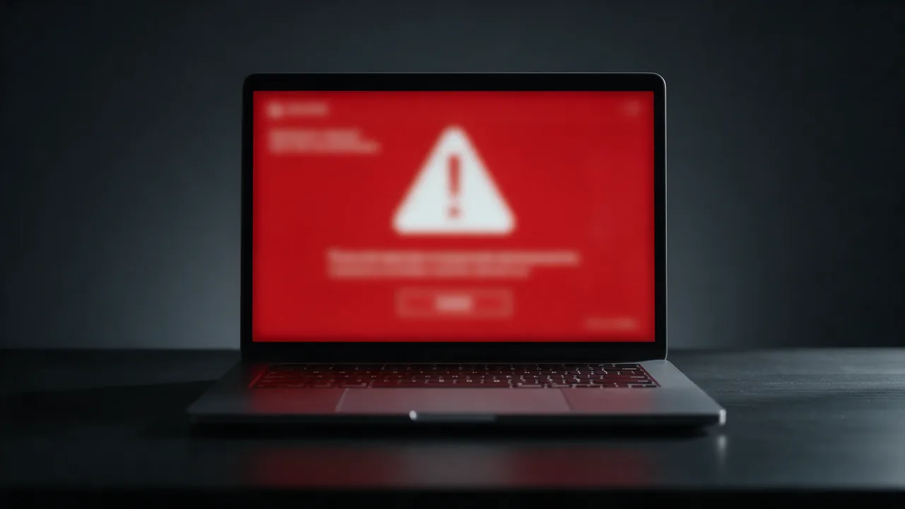 Laptop on a dark desk showing a blurred red warning page with a large triangle icon