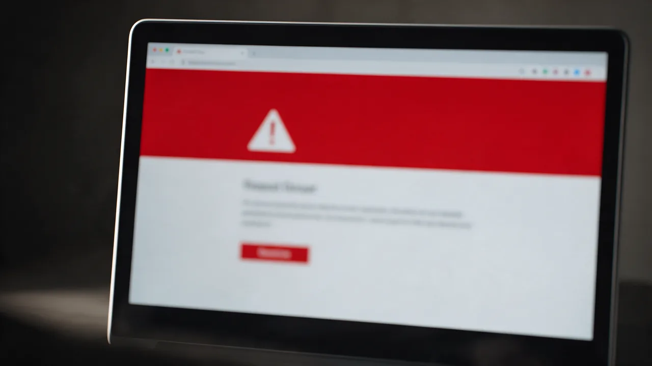 Laptop screen showing a red browser security warning page with an exclamation triangle