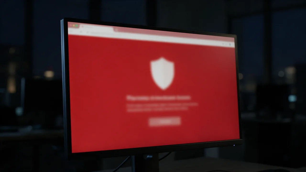 Monitor in a dark office showing a red browser warning page with a white shield icon