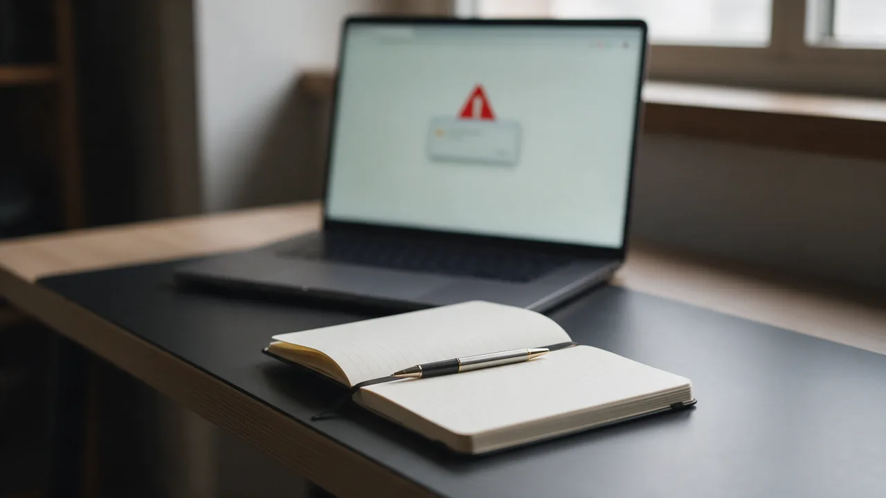 Open notebook with a pen, laptop behind showing a blurred browser warning with red triangle