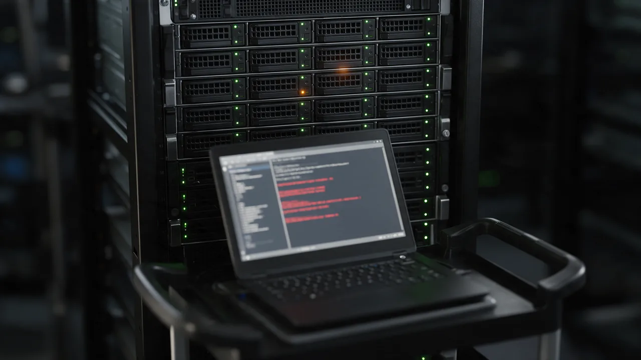 Server rack with one amber warning light and a laptop on a cart showing red errors