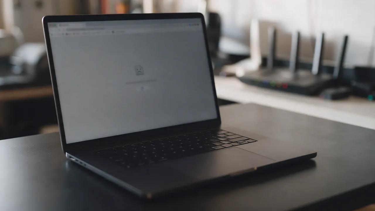 Laptop showing a blurred grey browser error page, with a Wi-Fi router in the background