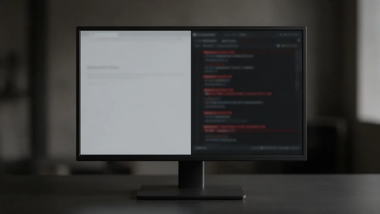 Monitor with a blank grey browser error page beside a console full of red errors