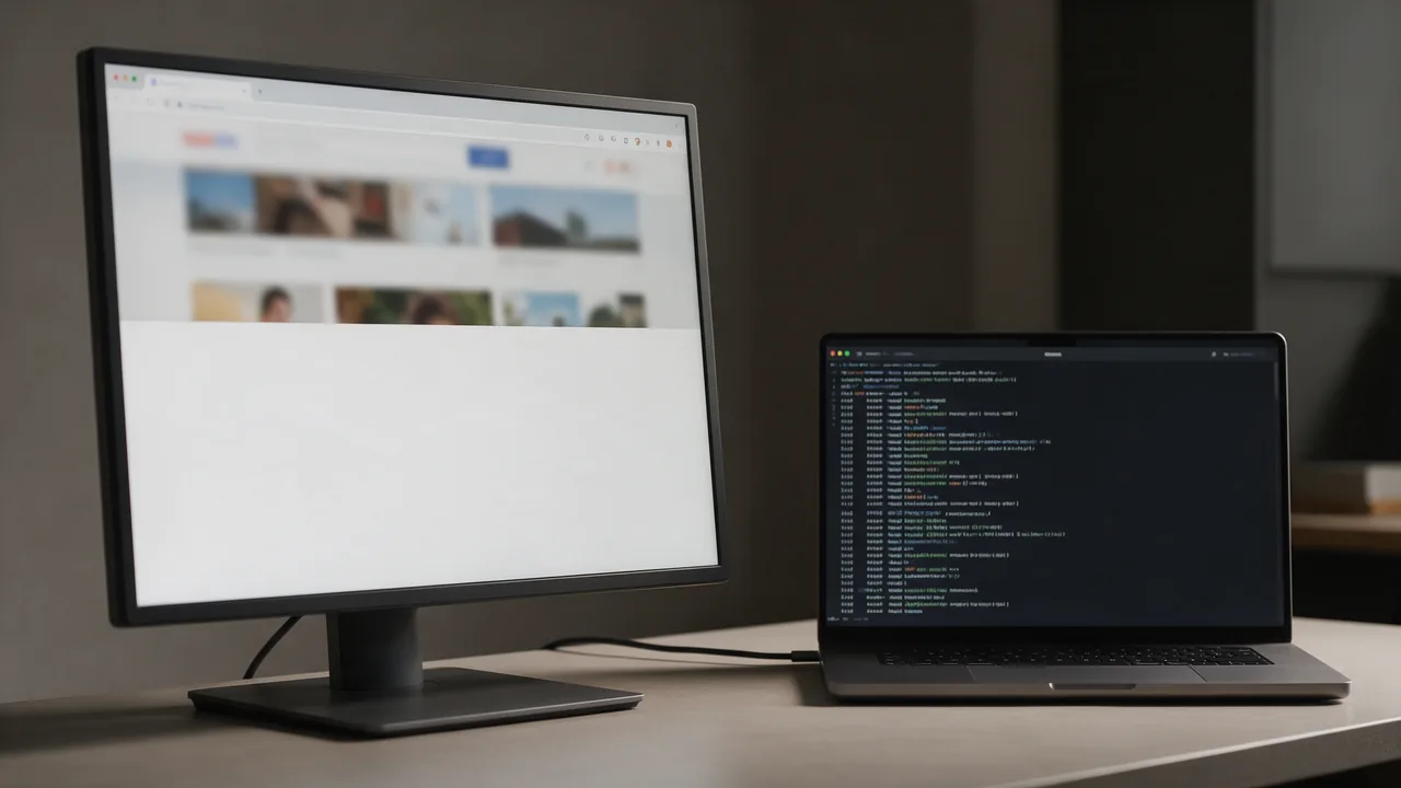 Monitor with a half-loaded web page and blank lower half, beside a laptop showing server logs