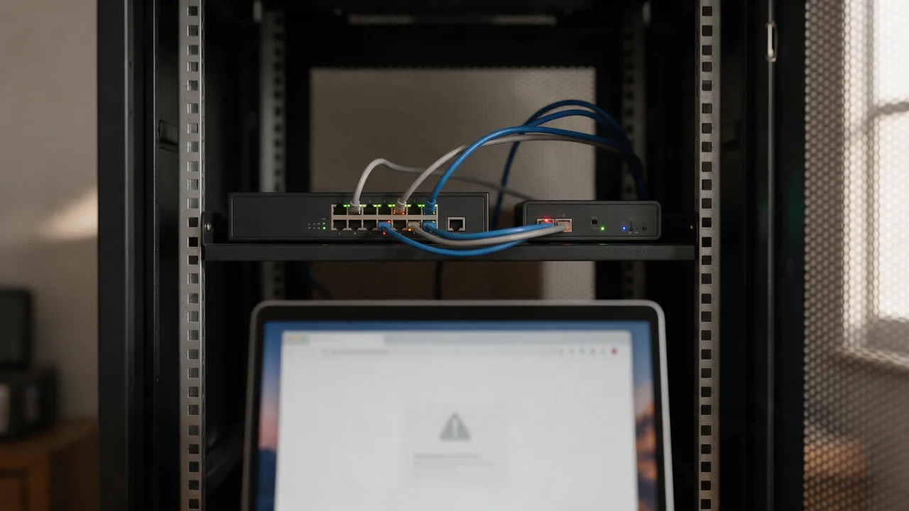 Switch and proxy appliance on a rack shelf, laptop with a browser error page in front