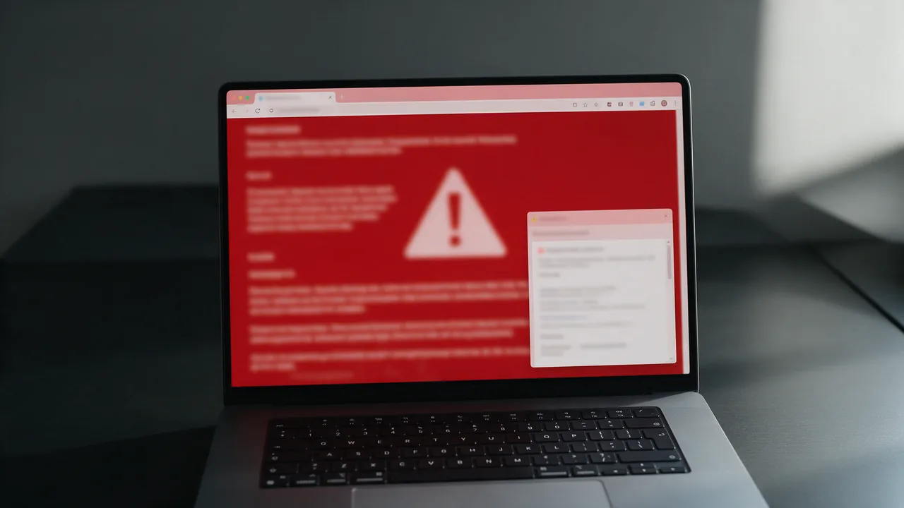 Laptop showing a red browser warning page with a triangle and certificate details panel