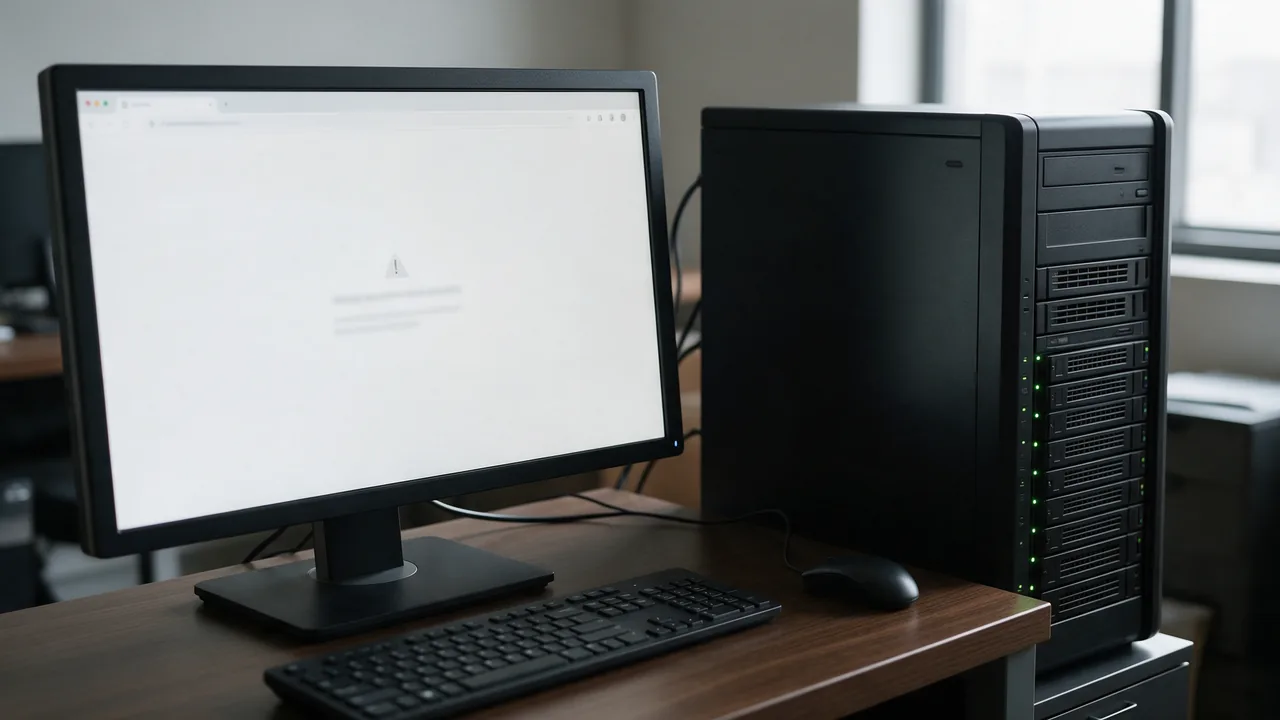 Monitor with a blurred white browser error page and warning icon, server tower beside it