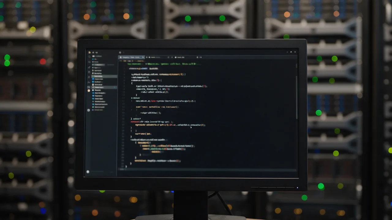 Monitor with a blurred web server configuration file in front of glowing server racks