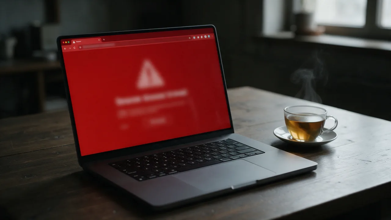Laptop on a wooden table showing a red browser security warning page, cup of tea beside