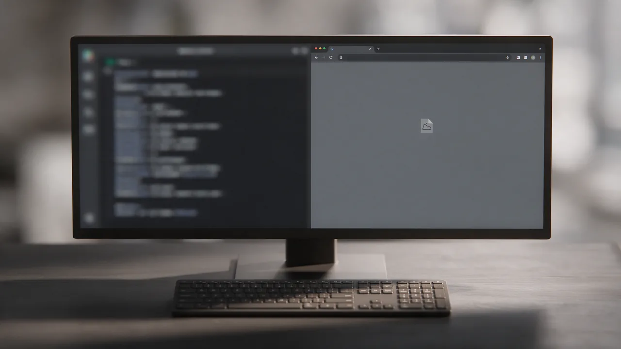 Wide monitor with a blurred terminal of response headers and a blank grey browser error page