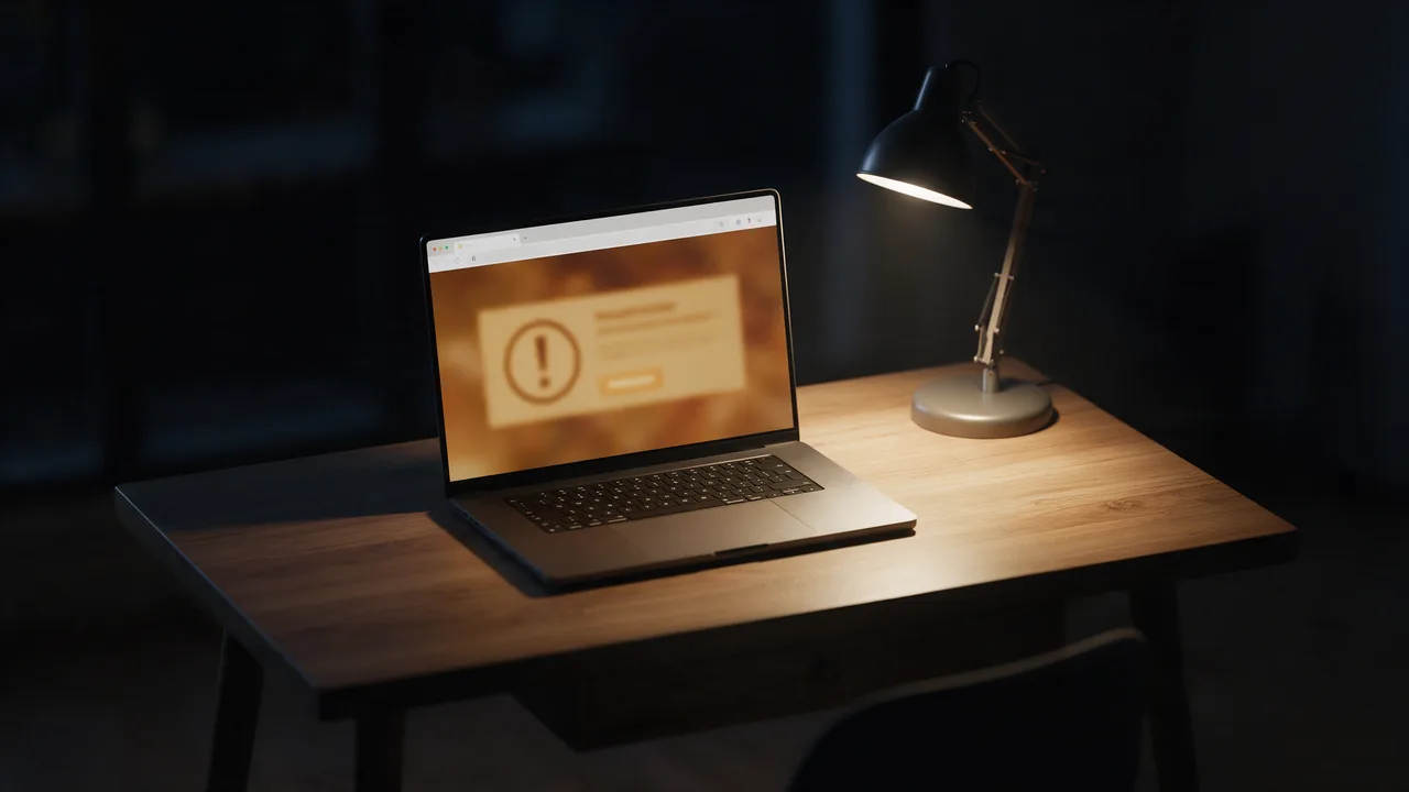 Laptop on a wooden desk under a lamp showing a blurred orange warning page
