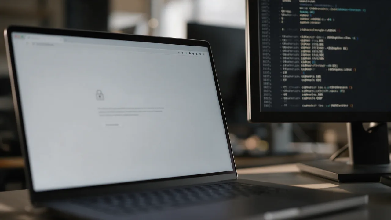 Laptop with a grey secure connection error page and padlock, monitor with server settings beside it