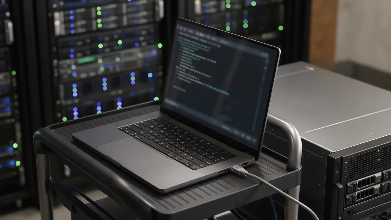 Laptop on a server room cart, cabled to a server, showing a terminal configuration