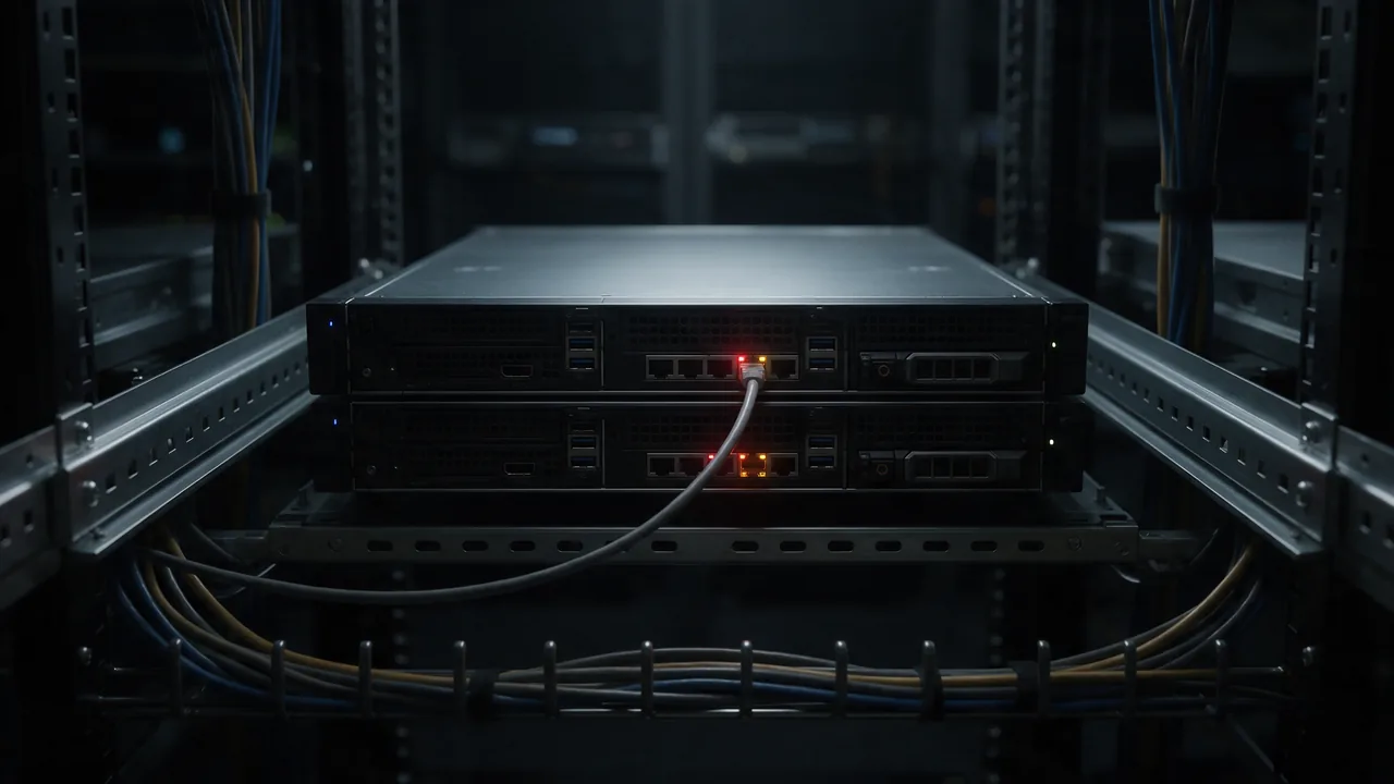 Two rack servers linked by a network cable, their ports glowing red and amber