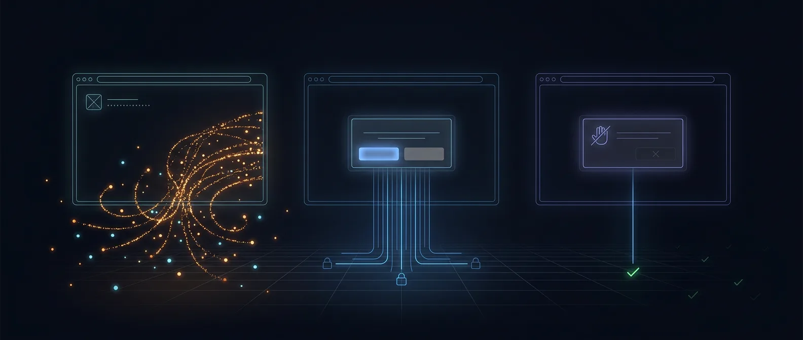 Three browser sessions: data leaking to trackers before consent, orderly flows after accepting, near silence after rejecting